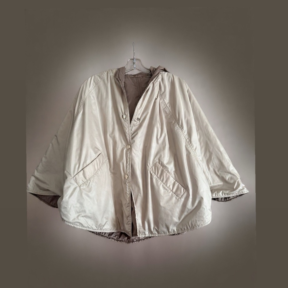 Reversible Cream and Beige Hooded Poncho Jacket